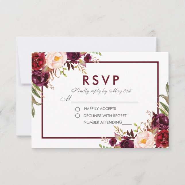 Watercolor Floral Burgundy Silver Wedding RSVP Card (Front)