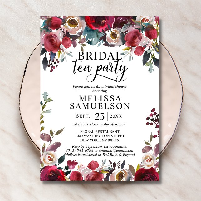 Watercolor Floral Burgundy Tea Party Bridal Shower Invitation (Creator Uploaded)