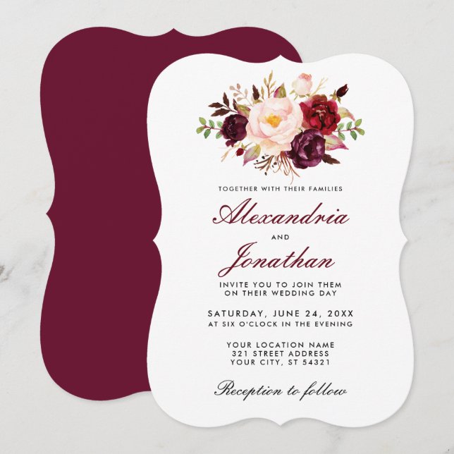Watercolor Floral Burgundy Wedding BR Invitation (Front/Back)