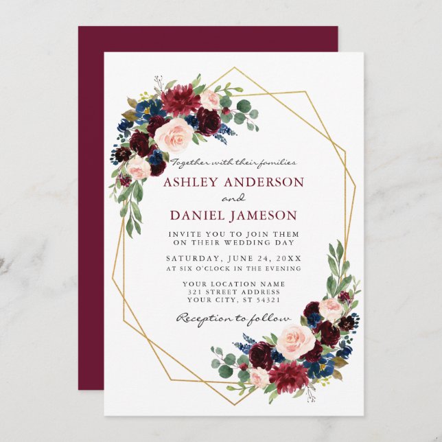Watercolor Floral Burgundy Wedding Geometric Gold Invitation (Front/Back)