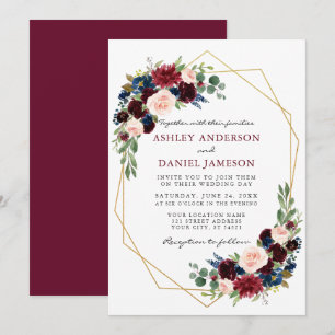 Watercolor Floral Burgundy Wedding Geometric Gold Invitation
