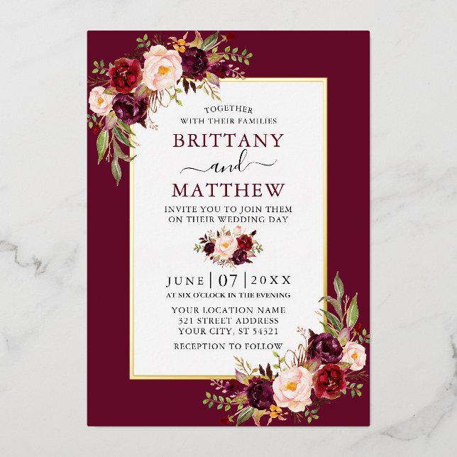 Watercolor Floral Burgundy Wedding Gold Foil (Front)