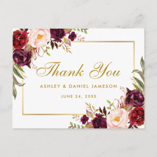 Watercolor Floral Burgundy Wedding Gold Thank You Postcard