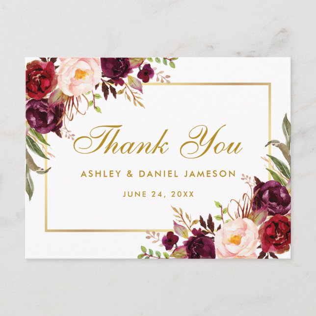 Watercolor Floral Burgundy Wedding Gold Thank You Postcard (Front)