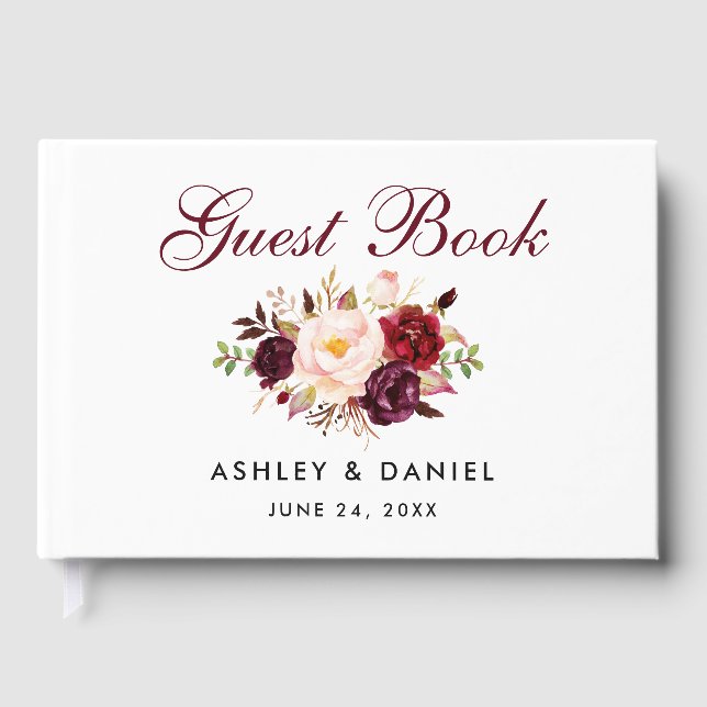 Watercolor Floral Burgundy Wedding Guest Book (Front)