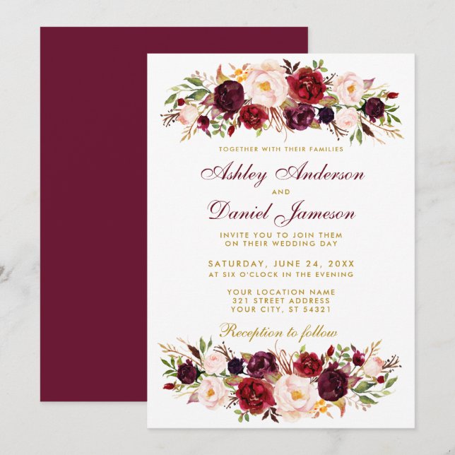 Watercolor Floral Burgundy Wedding Invitation BG (Front/Back)