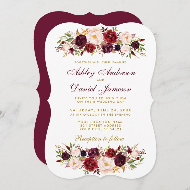 Watercolor Floral Burgundy Wedding Invitation BGB (Front/Back)