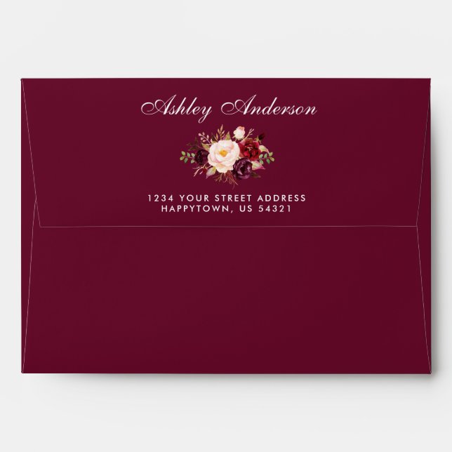 Watercolor Floral Burgundy Wedding Invitation Name Envelope (Back (Top Flap))