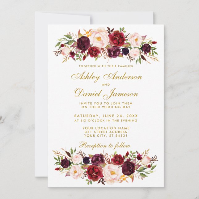 Watercolor Floral Burgundy Wedding Invitation WG (Front)