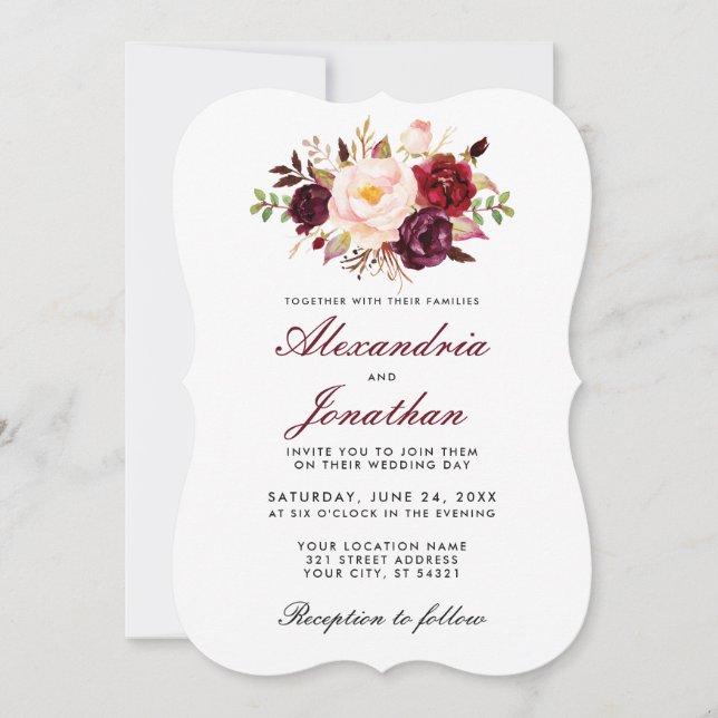 Watercolor Floral Burgundy Wedding Invite BR (Front)