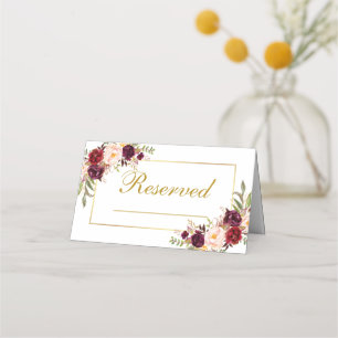 Watercolor Floral Burgundy Wedding Reserved Gold Place Card