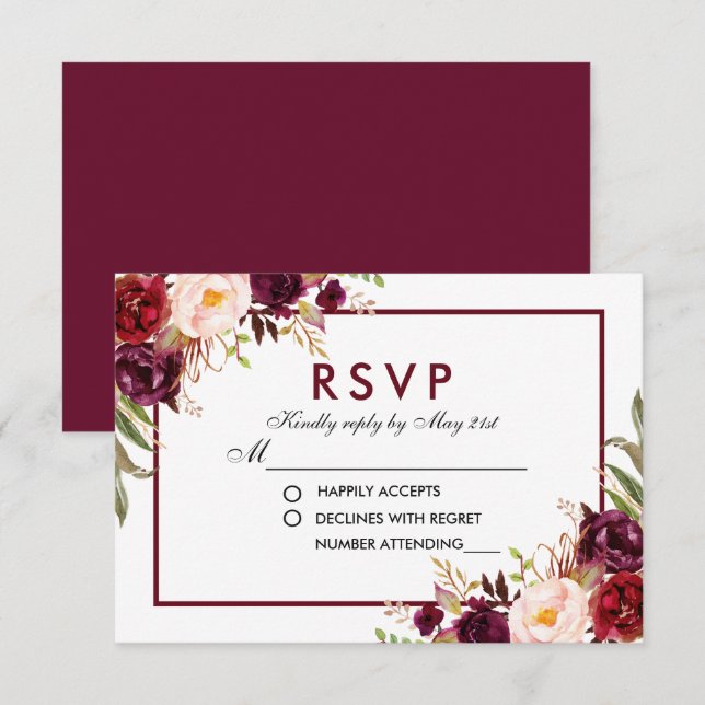 Watercolor Floral Burgundy Wedding RSVP B (Front/Back)
