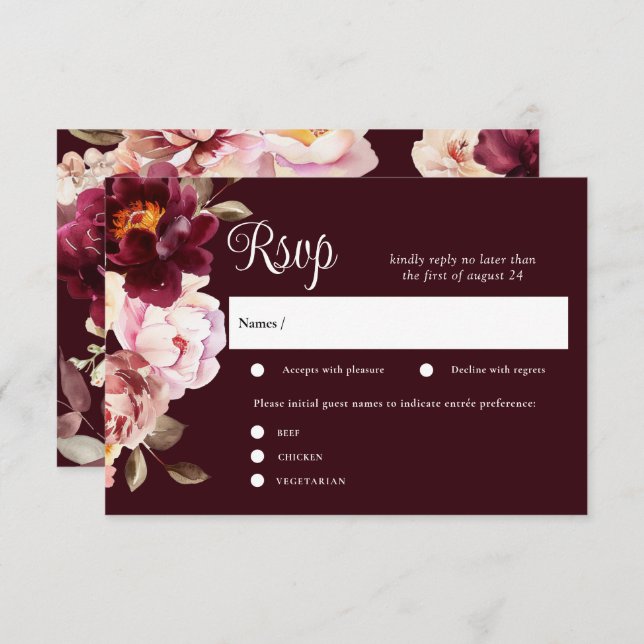 Watercolor Floral Burgundy Wedding RSVP Cards (Front/Back)