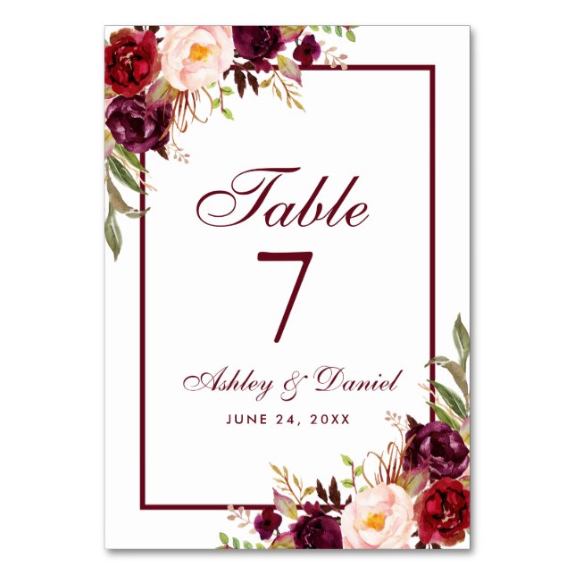 Watercolor Floral Burgundy Wedding Table Number (Front)