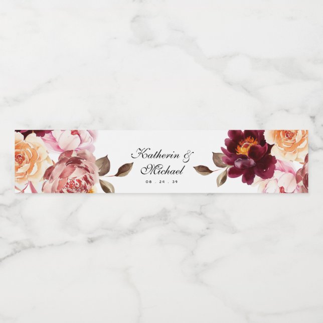 Watercolor Floral Burgundy Wedding Water Bottle Label (Single Label)