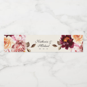 Watercolor Floral Burgundy Wedding Water Bottle Label