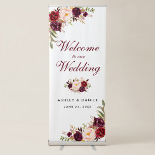 Watercolor Floral Burgundy Wedding Welcome Retractable Banner
