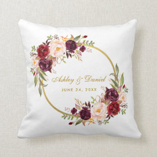 Watercolor Floral Burgundy Wreath Gold Wedding Cushion