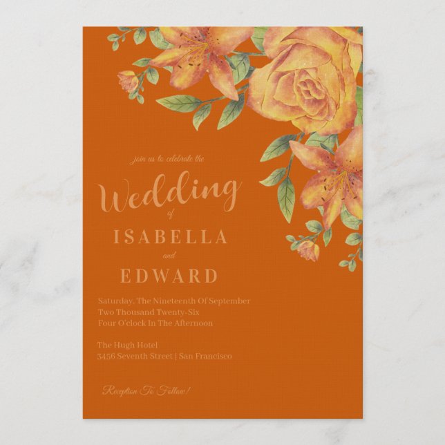Watercolor Floral Burnt Orange Wedding Invitation (Front)
