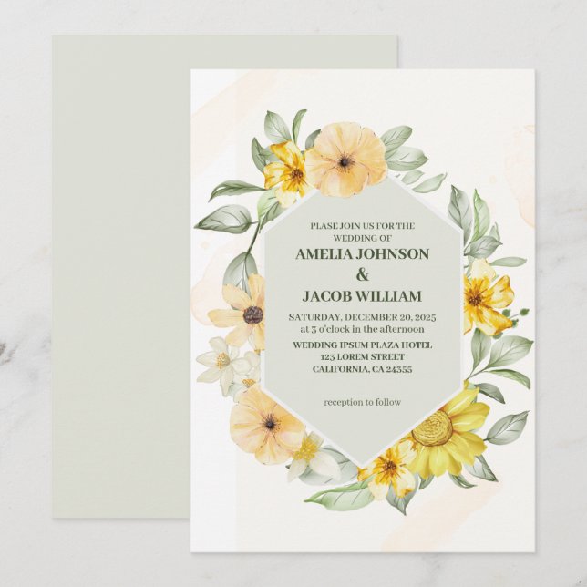 Watercolor floral butter yellow sage green wedding invitation (Front/Back)