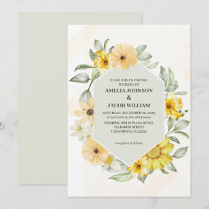 Watercolor floral butter yellow sage green wedding invitation