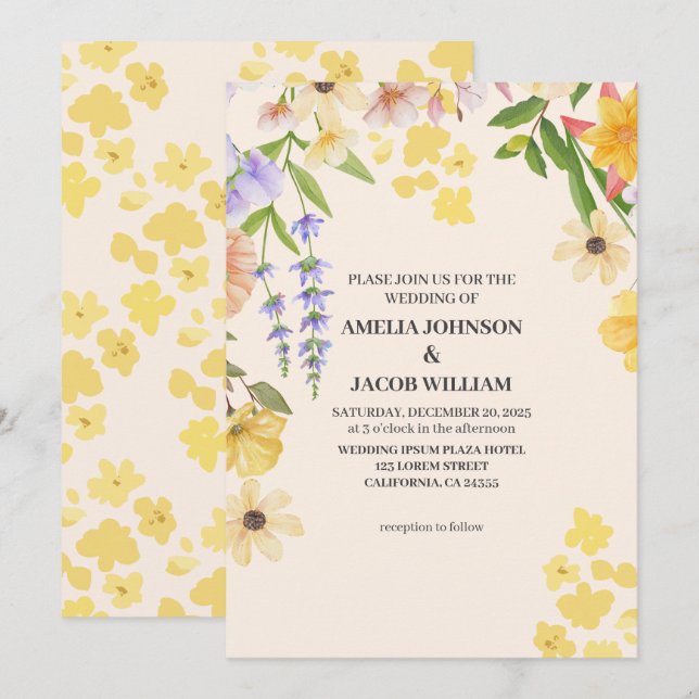 Watercolor floral butter yellow spring wedding invitation (Front/Back)