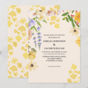 Watercolor floral butter yellow spring wedding invitation