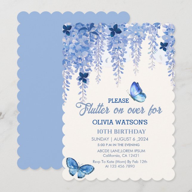 Watercolor floral Butterflies Birthday blue Invitation (Front/Back)