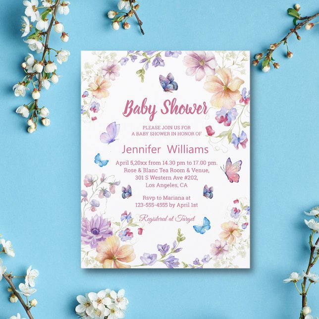 watercolor floral butterflies girl baby shower  invitation (Creator Uploaded)