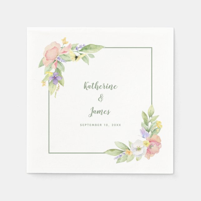 Watercolor Floral Butterflies Wedding & Engagement Napkin (Front)