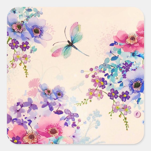 Watercolor Floral Butterfly Garden Glitter Square Sticker (Front)