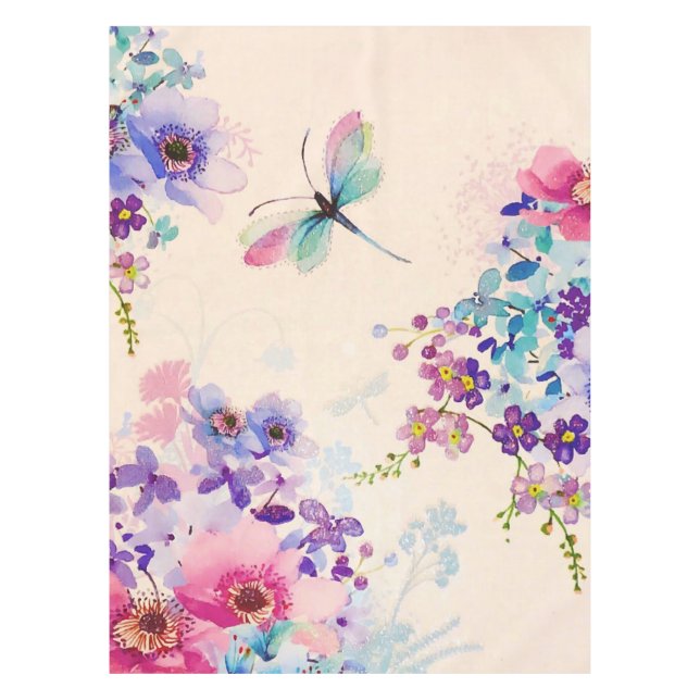 Watercolor Floral Butterfly Garden Glitter Tablecloth (Front)