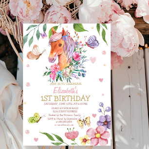 Watercolor Floral Butterfly Pony Stripe Birthday Invitation
