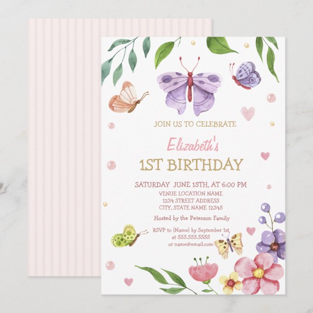 Watercolor Floral Buttetrfly Striped Birthday   Invitation (Front/Back)