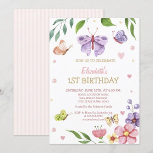 Watercolor Floral Buttetrfly Striped Birthday   Invitation
