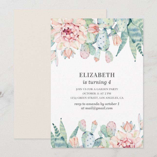 Watercolor floral cactus. Baby girl. Kids birthday Invitation (Front/Back)
