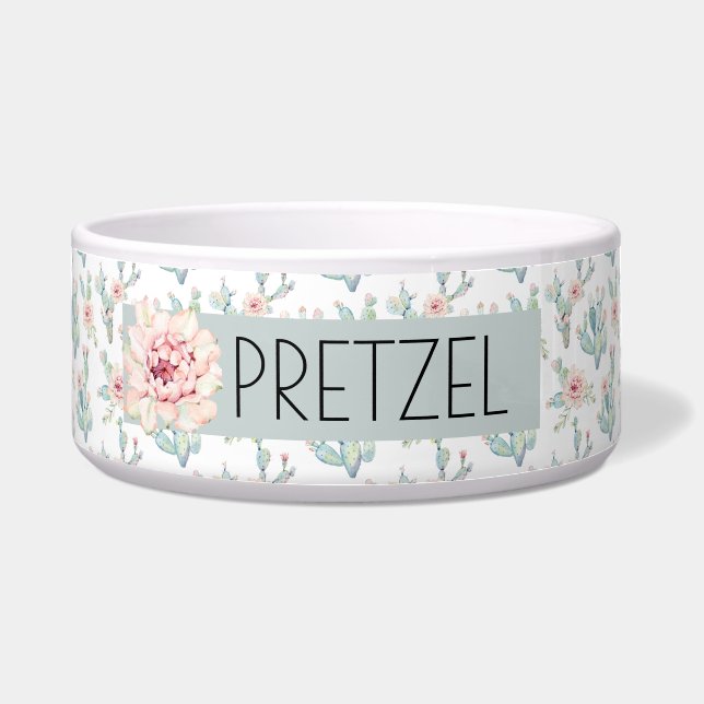 Watercolor Floral Cactus Pet Dish Bowl (Front)