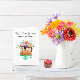 Watercolor Floral Cake Birthday Sister-In-Law Holiday Card