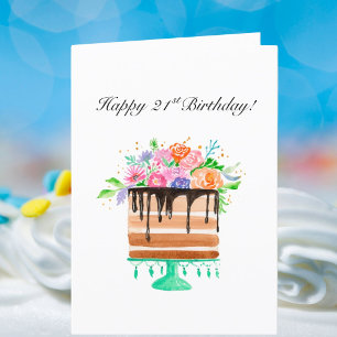 Watercolor Floral Cake Happy 21st Birthday  Holiday Card