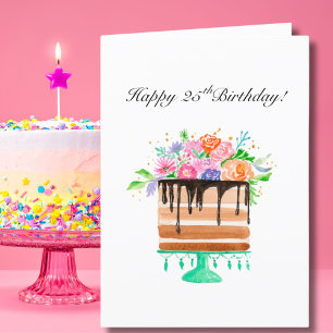 Watercolor Floral Cake Happy 25th Birthday  Holiday Card