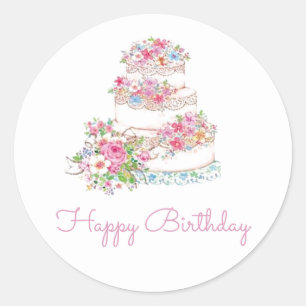 Watercolor Floral Cake Happy Birthday Classic Round Sticker