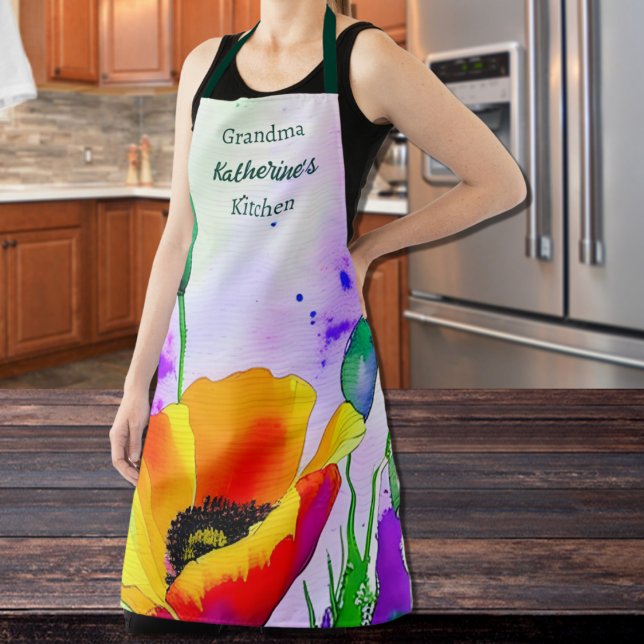 Watercolor Floral California Poppies Custom  Apron (Watercolor floral personalized apron with California poppies in bright orange and yellow with purple)