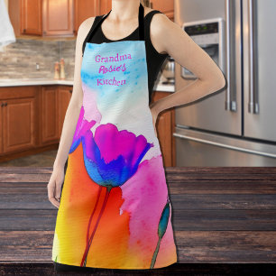 Watercolor Floral California Poppy Pink Blue Apron