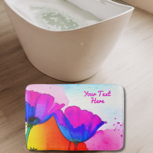 Watercolor Floral California Poppy Pink Blue Bath Mat