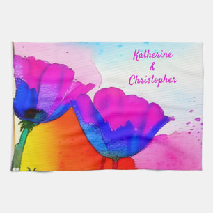 Watercolor Floral California Poppy Pink Blue Tea Towel