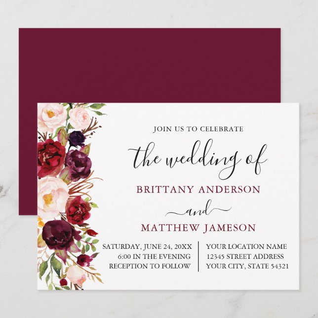 Watercolor Floral Calligraphy Burgundy Wedding Invitation (Front/Back)