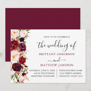 Watercolor Floral Calligraphy Burgundy Wedding Invitation