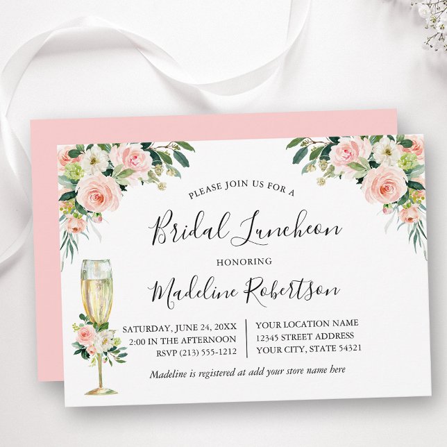 Watercolor Floral Calligraphy Pink Bridal Luncheon Invitation (Customize to change text color, text style or color of back of card.)