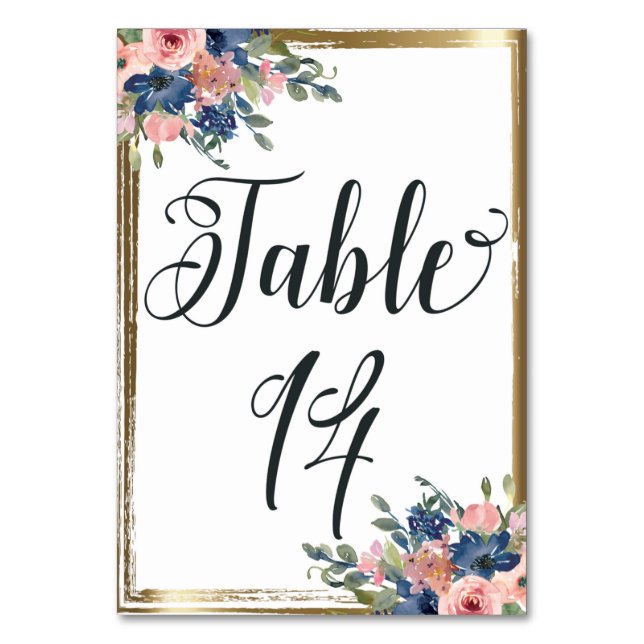Watercolor Floral Calligraphy Table Number Card 14 (Front)