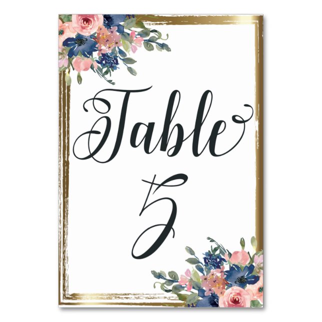 Watercolor Floral Calligraphy Table Number Card 5 (Front)